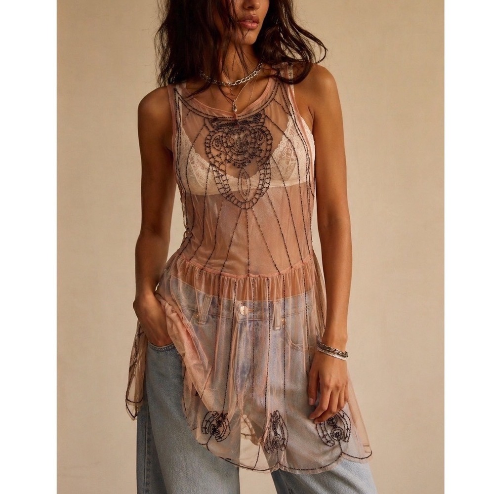Free People Sheer Pink Beaded Mesh Dress Art Deco Womens Size M Flapper Boho - Picture 1 of 8